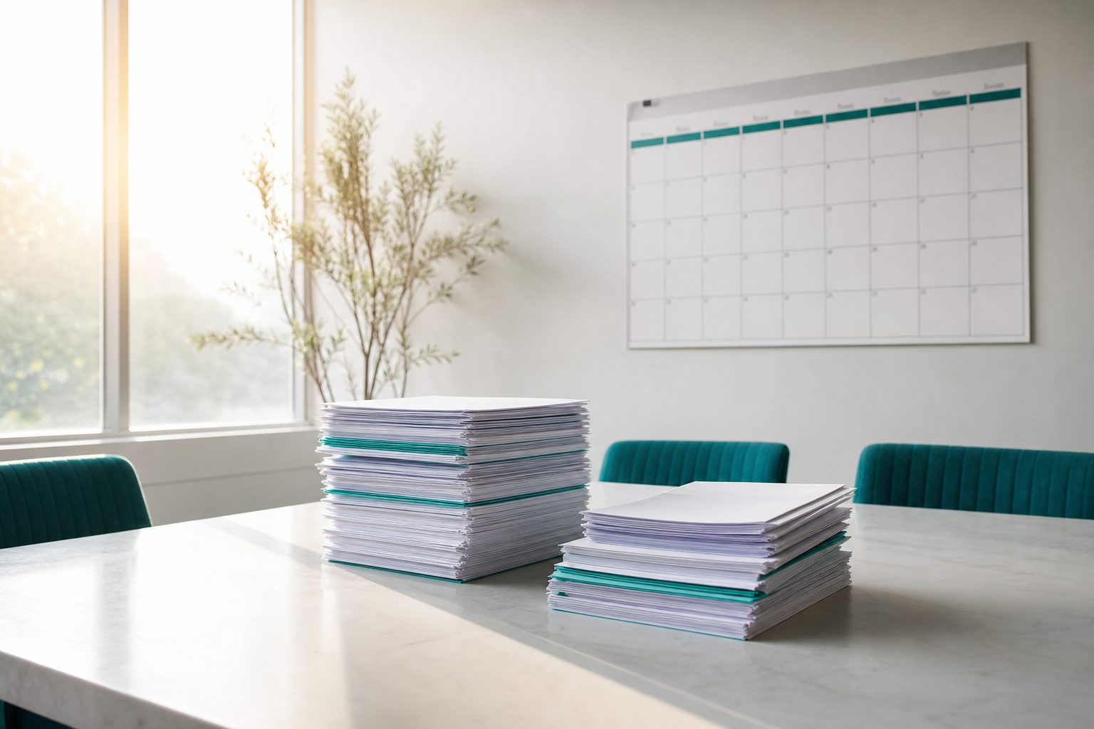 Two neat stacks of paper on a pale meeting table beneath a wall calendar in bright morning light