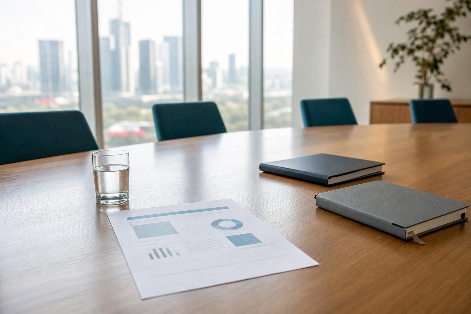 A printed one page summary, water glass and two closed notebooks on a bright conference room table