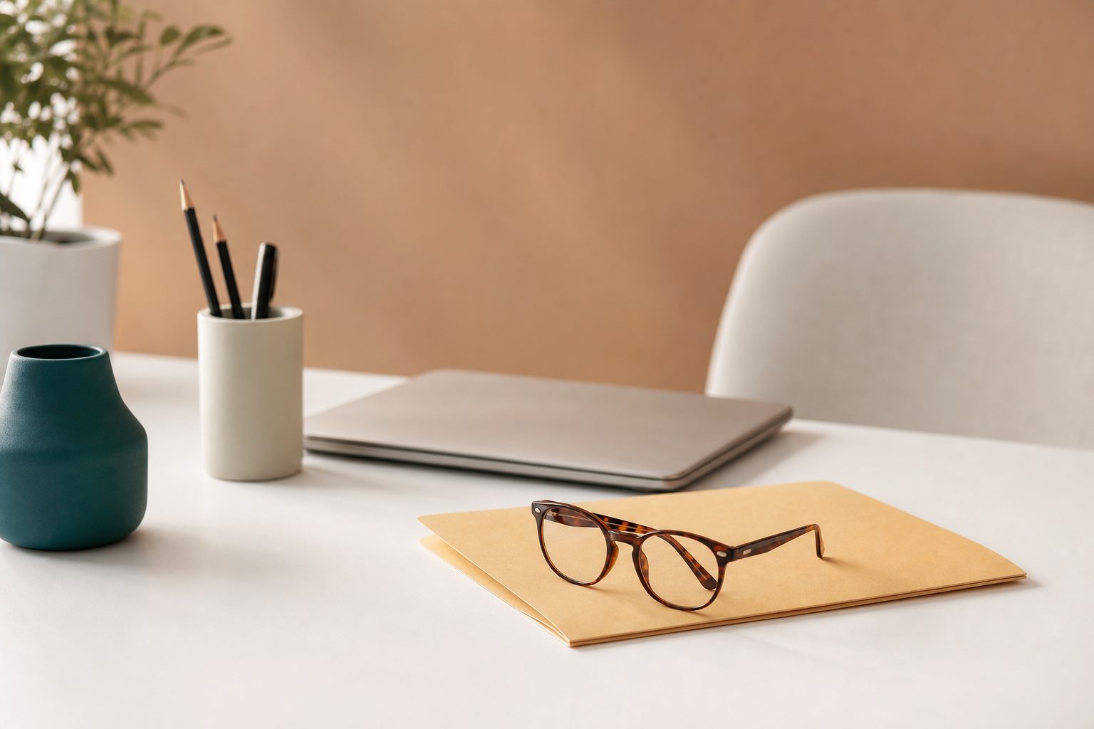 A closed laptop, manila folder and reading glasses arranged on a clean white desk in diffused daylight