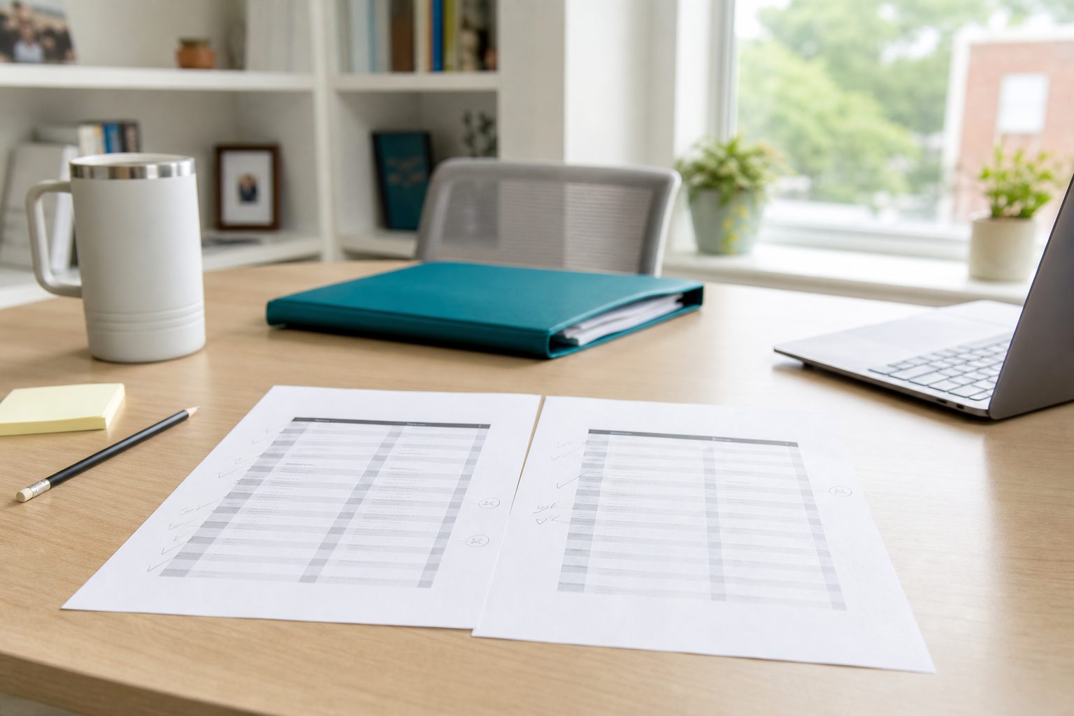 Two printed mentor and mentee rosters laid side by side on a sunlit desk with a pencil resting between them