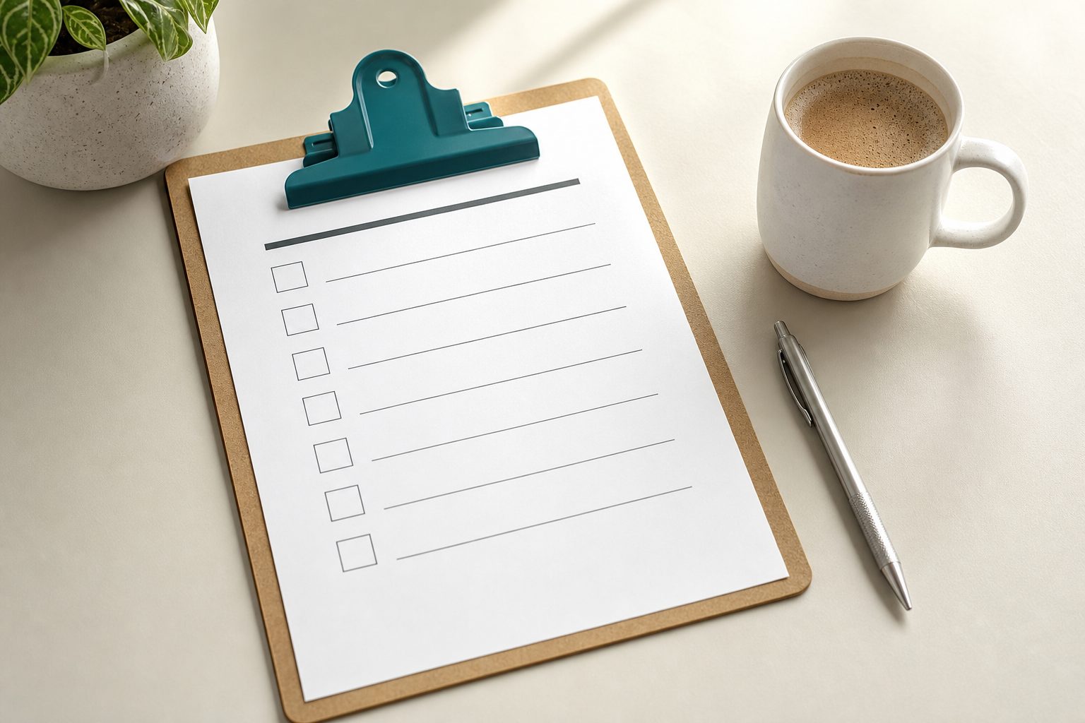A clipboard holding a printed checklist beside a coffee cup and pen on a pale desk