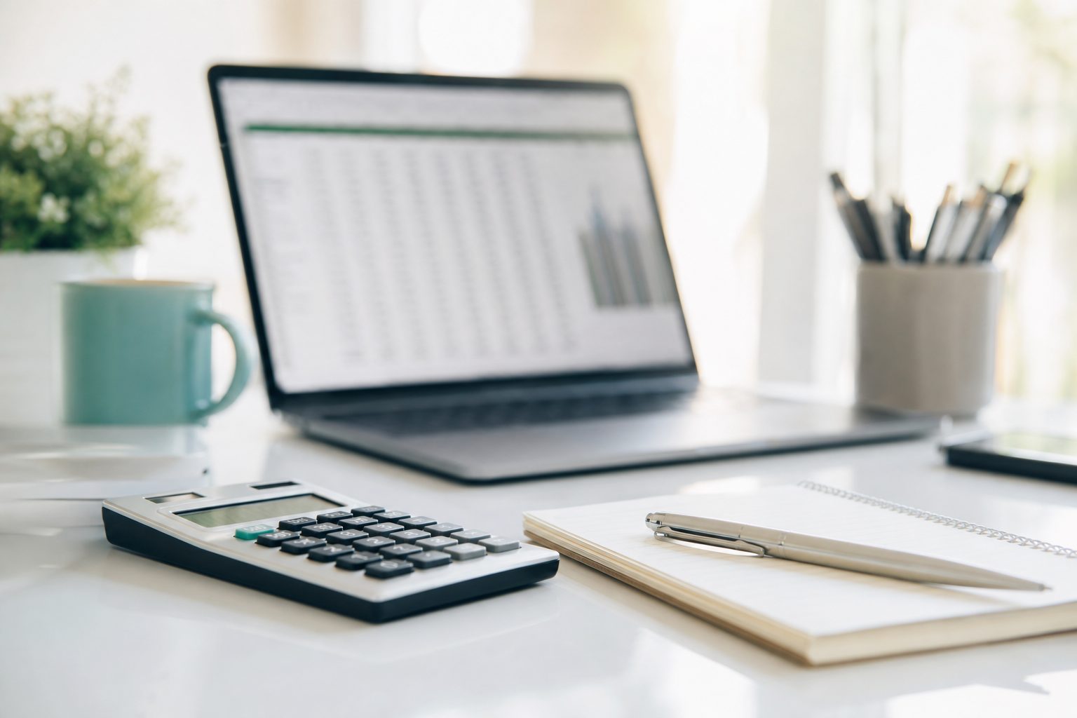 A calculator and notepad in focus on a bright desk with a laptop screen blurred behind