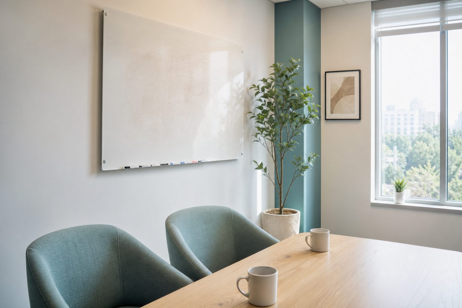 A bright office corner with a mostly blank whiteboard, a plant and two mugs on a pale wood table