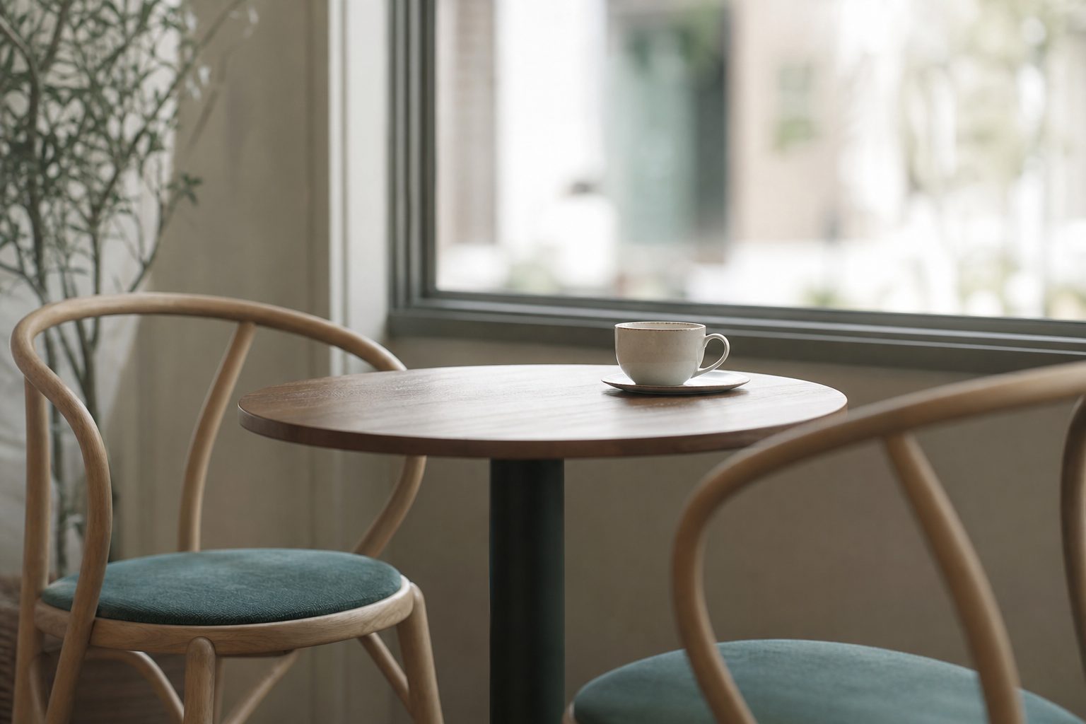 Two empty chairs at a small round table by a bright window with one untouched coffee cup